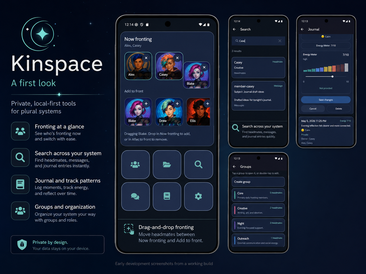 Kinspace first-look showing app screens for fronting, search, journaling, and groups.